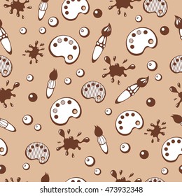Seamless vector pattern with white and brown graphic paintbrushes, pallets and blots on the light brown background. Love painting. Drawing in school. 