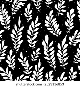 
Seamless vector pattern with white brush-drawn leaves and small specks on a black background.