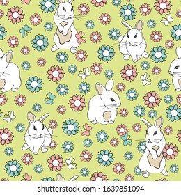 Seamless vector pattern with white bunnies and flowers on green background. Pink and blue flower animal wallpaper design.