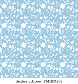 Seamless vector pattern with a white pattern with butterflies, flowers, leaves, on a blue background, for a hoop, surfaces, packaging, cards, wallpaper. Cute illustration. Spring ornament design.
