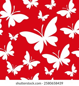 Seamless vector pattern of white butterflies on a red background for packaging, fabric, wallpaper for the holidays of Valentine's Day, wedding, birthday Pro Vector