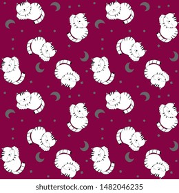 Seamless vector pattern with white cats on a dark pink, artistic background. Festive cover, packaging and wrapping background. Children's cartoon illustration.