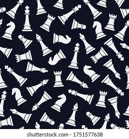 Seamless vector pattern with white chess on dark blue. Chess pieces seamless print. Vector illustration set of chess pieces. Background of chess game.