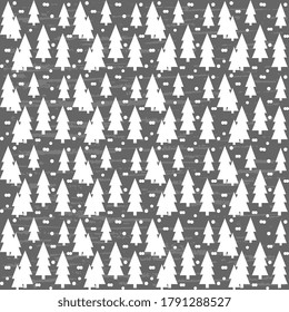 Seamless vector pattern with white Christmas trees and snow on a black background. Winter illustration with old vintage texture. New Year's design. Beautiful cover, packaging,