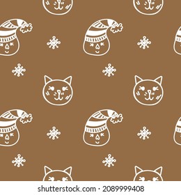 Seamless vector pattern with white Christmas illustrations on a kraft background.Winter,festive hand drawn doodle style print.Designs for textiles,fabric,wrapping paper,packages,scrapbooking paper.