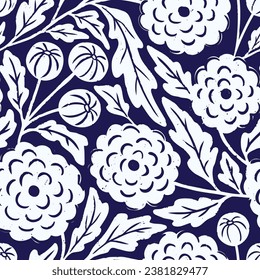 Seamless vector pattern with white chrysanthemum flowers, buds, and leaves on a navy blue background. Bold modern botanical perfect for fabric, stationery, wallpaper, scrapbooking, accessories.