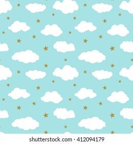 Seamless vector pattern with white clouds and gold stars