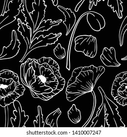 Seamless vector pattern with white contour poppy flower on black background. Good for printing. Wallpaper, fabric and textile design. Cute colorful wrapping paper pattern.