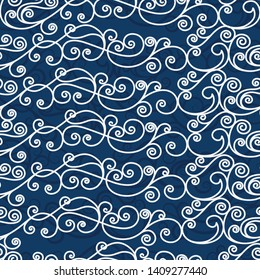 Seamless vector pattern of white curlicues on a blue background.