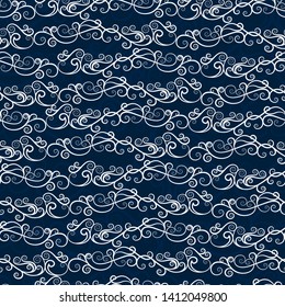 Seamless vector pattern with white curlicues on a dark blue background.
