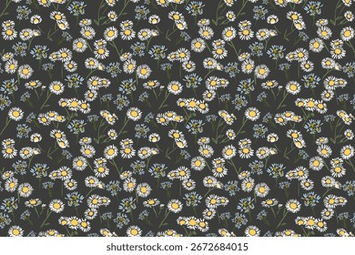 Seamless vector pattern with white daisies and tiny blue wildflowers on a dark background. Template for fabric, wrapping paper, spring designs, packaging, and floral themed projects