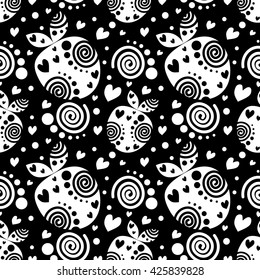 Seamless vector pattern with white decorative ornamental beautiful strawberries and dots on the black background. Repeating tiled ornament. Series of Fruits and Vegetables Seamless Patterns.