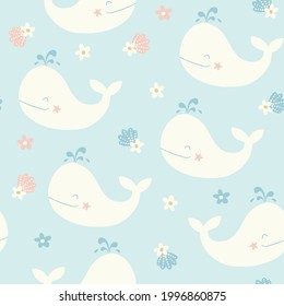 Seamless vector pattern with white dolphins and seashells with flowers on light blue background. Cute dolphin pattern. Dolphin character for kids. Underwater inhabitants for children. Sea creatures