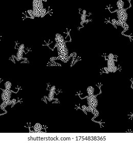 Seamless vector pattern with white dots frogs on a black background.