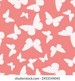 Seamless vector pattern with white elegant butterflies silhouettes on warm pink