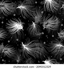 Seamless vector pattern of white feathers on a black background