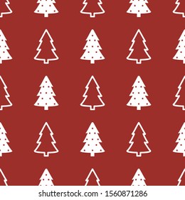 Seamless vector pattern of white firs on red background. Christmas pattern