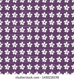 Seamless vector pattern with white flowers on a purple background, textured, artistic. Beautiful wrapper, cover, textile, floral design.
