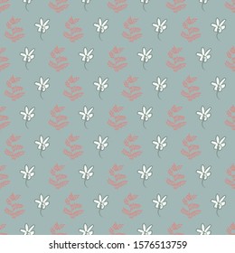 A seamless vector pattern with white flowers and pink leaves on a grey background. Surface print design in muted colors.