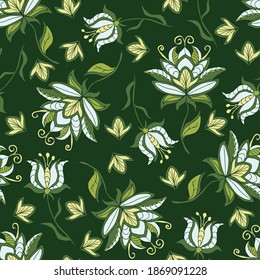 Seamless vector pattern with white flowers on green background. Romantic vintage floral wallpaper design. Tropical garden fashion textile.