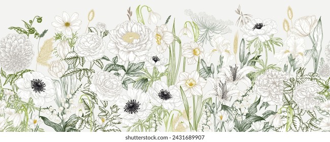 Seamless vector pattern white flowers. Iris, peony, rose, crocus, lily of the valley, daffodils, lily, anemone, cosmos, dahlia, snowdrops, datura