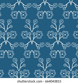 Seamless vector pattern with white flowers in blossom on the blue background which could be used as design for wallpaper, textile, surface textures, wrapping paper, wall decoration