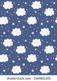 Seamless Vector Pattern with White Fluffy Smiling Clouds on a Blue Background. Cute Cloud in the Pink Indian Headband. Simple Nursery Art for Wall Art, Card, Greeting, Invitation, Baby Girl Party. 