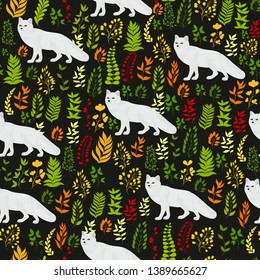 Seamless vector pattern with white fox and plants on black background