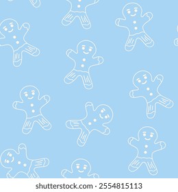Seamless vector pattern with white gingerbread cookie outlines on a soft blue background. The playful, minimal design is perfect for holiday wrapping paper, textiles, or festive decor.