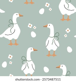 Seamless vector pattern with white goose, flower and egg. Hand drawn cute Easter goose pattern. Perfect for textile, wallpaper or nursery print design.