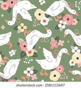 Seamless vector pattern with white goose on floral background. Hand drawn cute Easter goose pattern. Perfect for textile, wallpaper or nursery print design.