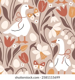 Seamless vector pattern with white goose on floral background. Hand drawn cute Easter goose pattern. Perfect for textile, wallpaper or nursery print design.