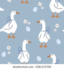 Seamless vector pattern with white goose on floral background. Hand drawn cute Easter goose pattern. Perfect for textile, wallpaper or nursery print design.