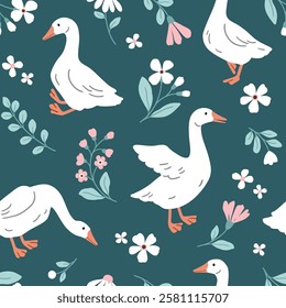 Seamless vector pattern with white goose on floral background. Hand drawn cute Easter goose pattern. Perfect for textile, wallpaper or nursery print design.