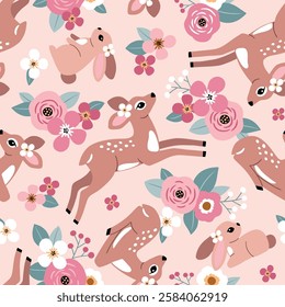 Seamless vector pattern with white goose on floral background. Hand drawn cute Easter goose pattern. Perfect for textile, wallpaper or nursery print design.