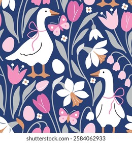 Seamless vector pattern with white goose on floral background. Hand drawn cute Easter goose pattern. Perfect for textile, wallpaper or nursery print design.