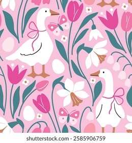 Seamless vector pattern with white goose on floral background. Hand drawn cute Easter goose pattern. Perfect for textile, wallpaper or nursery print design.