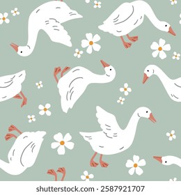 Seamless vector pattern with white goose on floral background. Hand drawn cute Easter goose pattern. Perfect for textile, wallpaper or nursery print design.