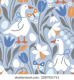 Seamless vector pattern with white goose on floral background. Hand drawn cute Easter goose pattern. Perfect for textile, wallpaper or nursery print design.