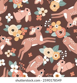 Seamless vector pattern with white goose on floral background. Hand drawn cute Easter goose pattern. Perfect for textile, wallpaper or nursery print design.