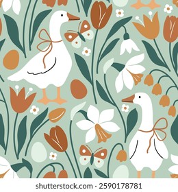 Seamless vector pattern with white goose on floral background. Hand drawn cute Easter goose pattern. Perfect for textile, wallpaper or nursery print design.