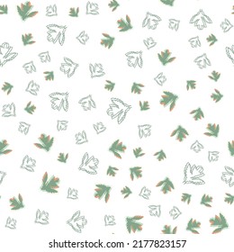 Seamless vector pattern with white and green leaves on a white background. Plant texture for fabric, wallpaper, packaging, label, wrapping paper.