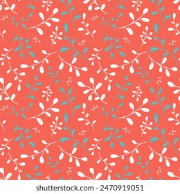 Patrón de Vector inconsútil ramas blancas y verdes con hojas sobre fondo rojo. Navidades de fondo. Estampado decorativo para Fondo de pantalla, envoltura, pijama, lino, tela de fondo, textura, textil