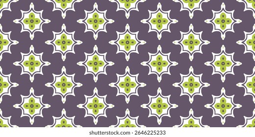 Seamless vector pattern with white and green decorative ornament on purple background. Geometric design for printing on textile, fabric, paper, covers and other surfaces.