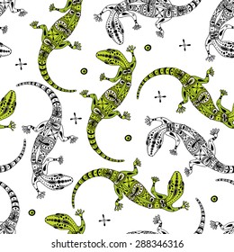 Seamless vector pattern with white and green gecko lizards. Cute reptiles for design