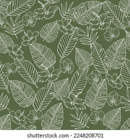 Seamless vector pattern with white hand drawn outlined tropical flowers and leaves on green isolated background. Beautiful Summer texture.