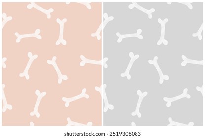 Seamless Vector Pattern With White Hand Drawn Bones On Light Gray And Light Blush Pink Background. Endless Irregular Print with Dogs' Snack. Funny Skeleton Bones Pattern ideal for Halloween. RGB.