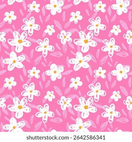 Seamless vector pattern with white hand drawn flowers and pink leaves on a vibrant pink background. Crayon texture gives a playful and cheerful feel. Template for kids design, fabric,stationery