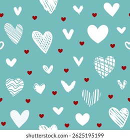 Seamless vector pattern with white hearts on blue background and red details, cute romantic design, textile wrapping paper, valentine love theme, flat simple illustration perfect for decor projects