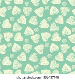 Seamless vector pattern with white hearts on a blue background.